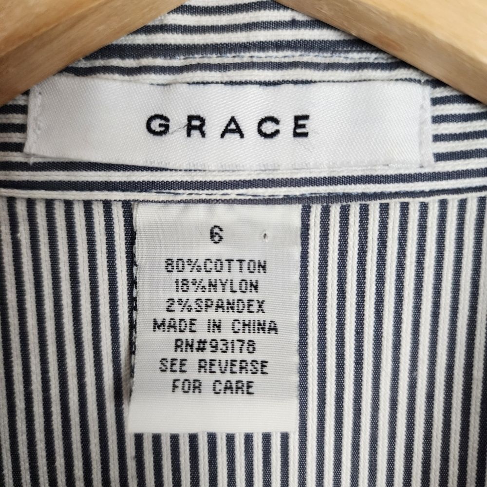 Grace Sleeveless Dress Blue Striped Midi Button Front Cotton Blend Tie Waist 6 - Picture 2 of 12